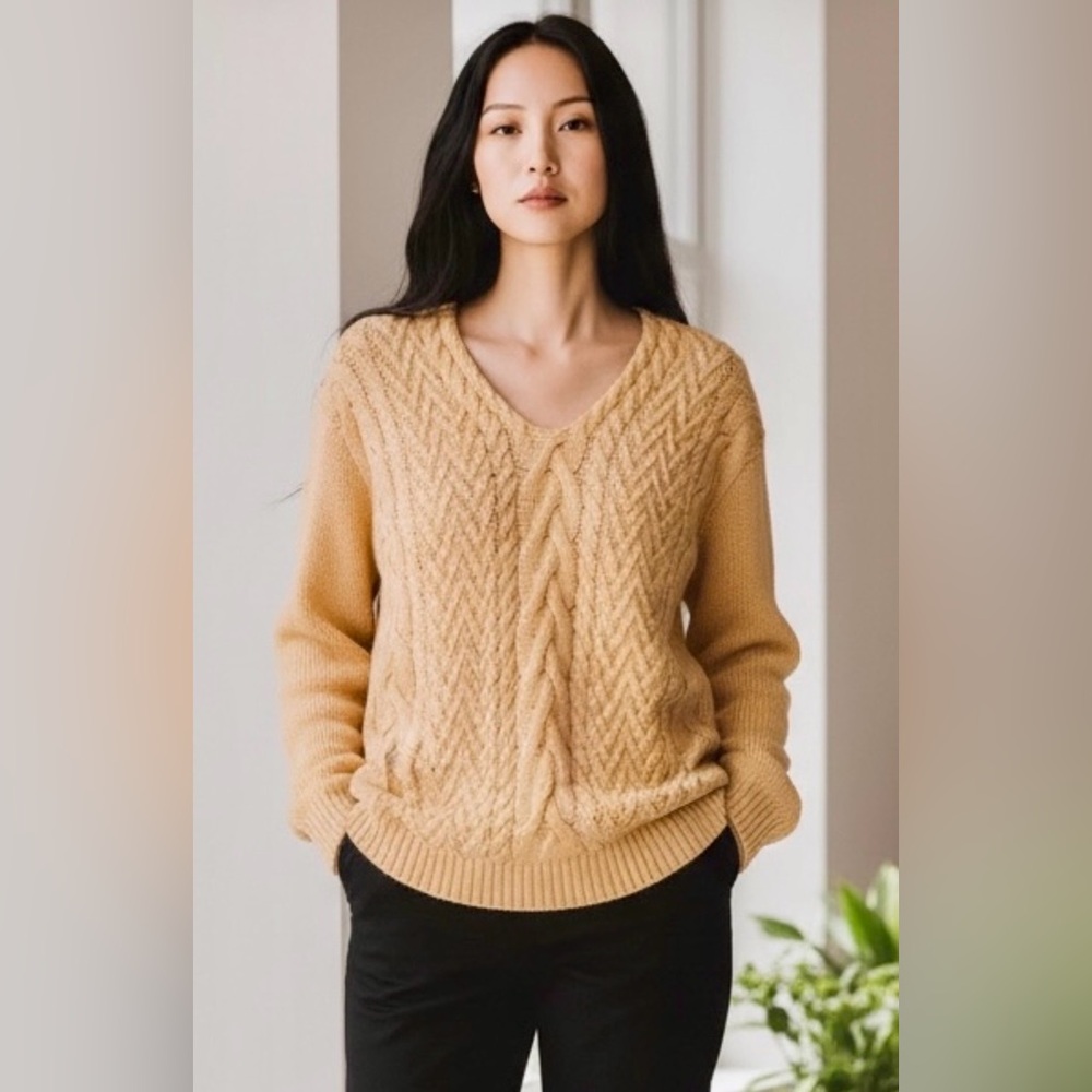 Cape Isle Knitters Women's Yellow Fisherman Cable Knit Sweater S